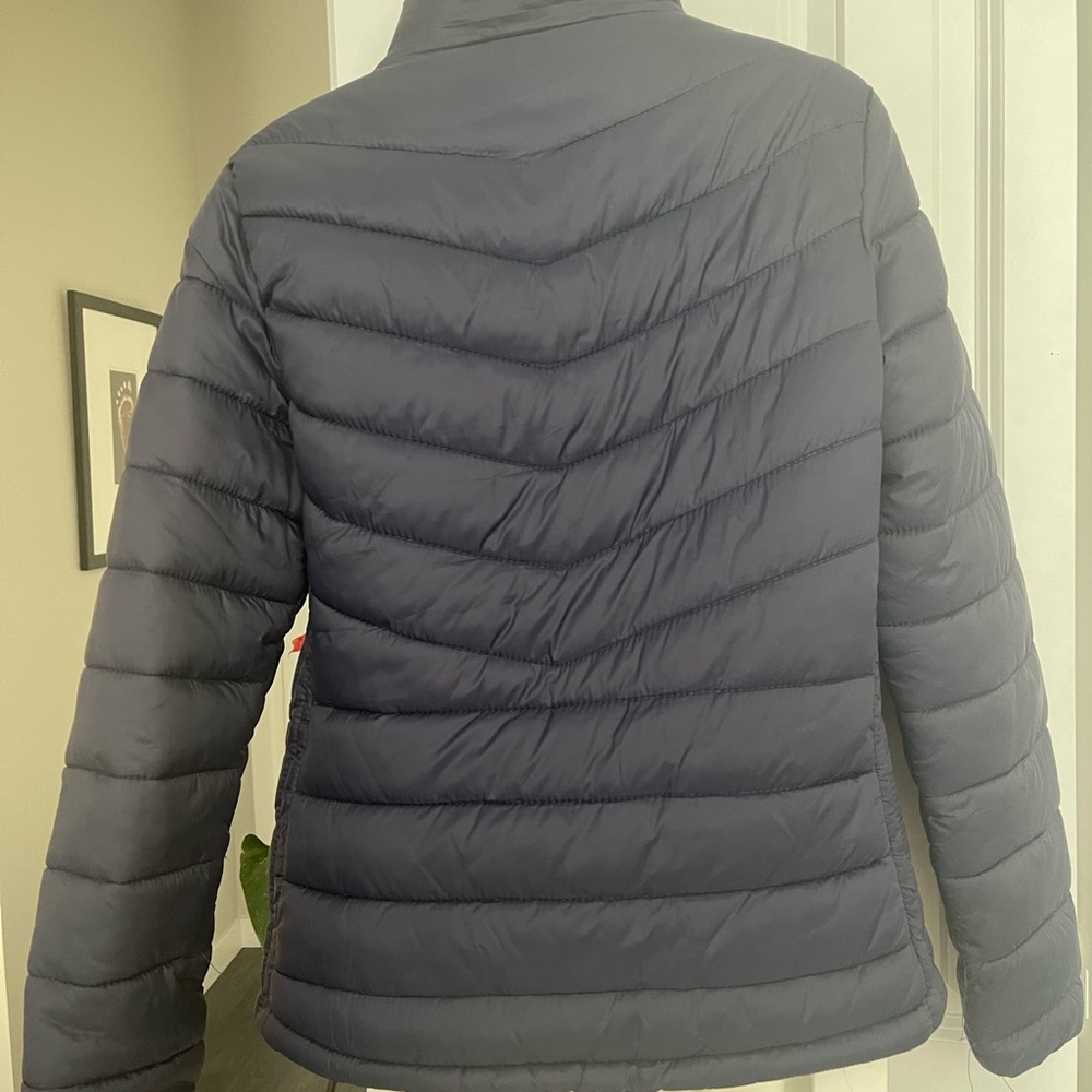 Navy blue puffer jacket, size large, nylon shell and faux fur lining, hoodie